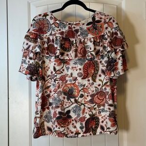 Loft Floral Paisley Ruffle Tiered Sleeve Blouse Rust Navy Small Workwar Career